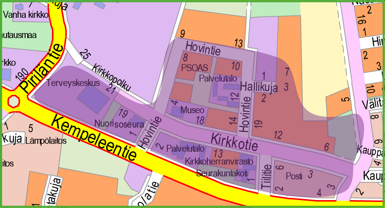 Kartta, jossa violetilla väritetty korttelit Kirkkotien molemmin puolin sekä terveyskeskuksen alue.